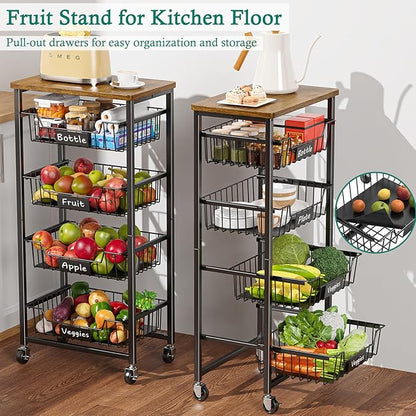 XYZLVSI Kitchen Storage Cart with Wheels, 5-Tier Metal Utility Rolling Cart Fruit Vegetable Storage Basket Pantry Rack with Wood Top & Pull Out Baskets for Kitchen, Livingroom, Diningroom, Office