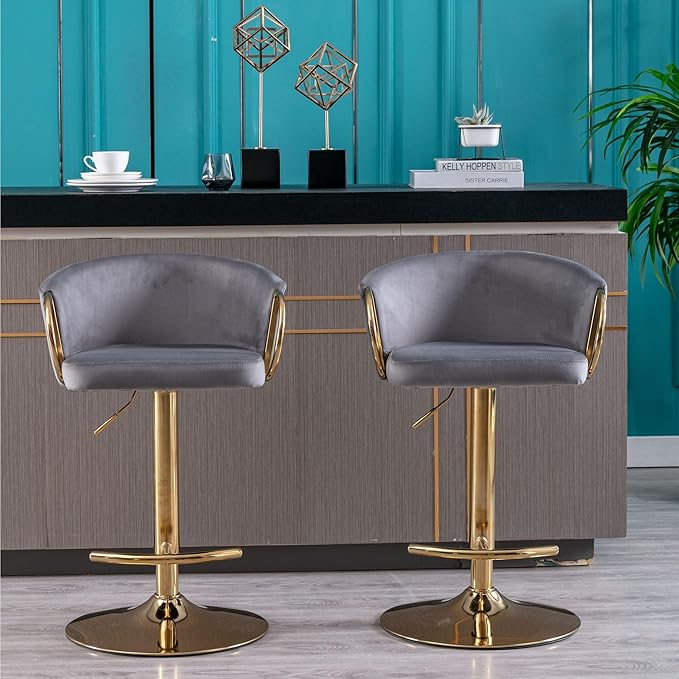 Rhomtree 24-32 Inch Swivel Bar Stools, Adjustable Counter Height Barstools with Gold Stable Metal Frame Footrest, Upholstered Bar Chairs for Home Bar Kitchen Island(Gray Set of 2)