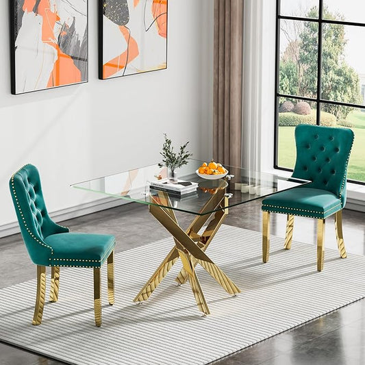 Square Glass Dining Table,Glass Dining Room Table with Metal Legs, Modern Kitchen Table for Home, Kitchen, Dining Room