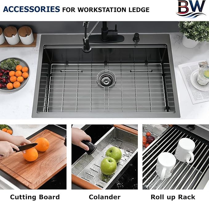 33x19 Drop In Kitchen Sink Black - 16 Gauge Stainless Steel Workstation Sinks Ledge Handmade 10 Inch Deep Single Bowl Kitchen Sink Top Mount Easy to Clean