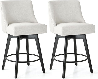 Counter Height Bar Stools Set of 2, Swivel Barstools with Backs and Wood Legs, Linen Fabric Upholstered Counter Stools for Kitchend Island, Mid-Century Modern 26" Seat Height Bar Chairs, Cream