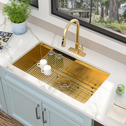 33 Undermount Kitchen Sink Gold - Fulorni 33"x19" Kitchen Sink Brushed Gold NANO-PVD Ledge Workstation 16 Gauge 304 Stainless Steel Under Counter Single Bowl Basin