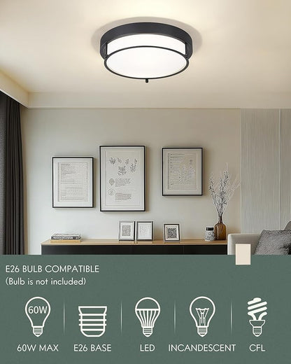 12-Inch Flush Mount Ceiling Light, Modern Farmhouse Style with Frosted Glass Shade, Matte Black, Ideal for Living Room, Bedroom, or Dining Room – Model CKCL4822-2W-BK