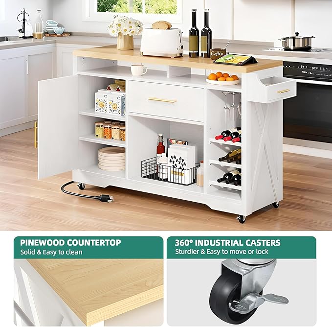 YITAHOME Large Kitchen Island with Power Outlet, Rolling Kitche Cart with Wine Rack, Mobile Storage Islands with Spice Rack Glass Holder, Island Table on Wheels for Living Room, 50 Inch Wide, White