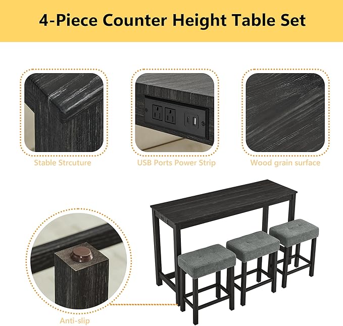 Merax 59" Bar Table Set with Power Outlet,Industrial Breakfast Table with 3 Upholstered Stools w/Footrest,4 Piece Counter Height Bar Table and Chair Set for Living Room,Dining Room,Kitchen,Black