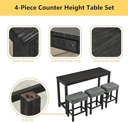 Merax 59" Bar Table Set with Power Outlet,Industrial Breakfast Table with 3 Upholstered Stools w/Footrest,4 Piece Counter Height Bar Table and Chair Set for Living Room,Dining Room,Kitchen,Black