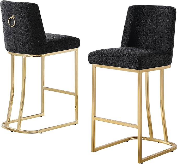 Modern Chairs Set of 2, Chrome Side Chairs & Counter Stools with Ring Pull Back, Luxury Upholstered Chairs for Kitchen Island, Dining Room & Home Bar (Boucle, Black/Gold, Counter Height Chair)