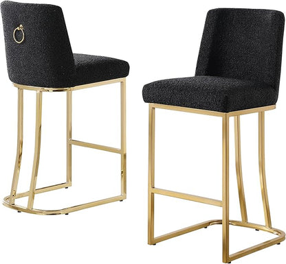 Modern Chairs Set of 2, Chrome Side Chairs & Counter Stools with Ring Pull Back, Luxury Upholstered Chairs for Kitchen Island, Dining Room & Home Bar (Boucle, Black/Gold, Counter Height Chair)