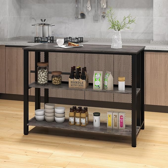 COSTWAY Home Bar Unit, 3-Tier Bar Table with Storage Shelves, Metal Frame, Adjustable Foot Pads, Breakfast Corner Bar Cabinet for Kitchen Island Dining Room (Grey)