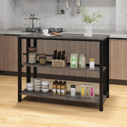 COSTWAY Home Bar Unit, 3-Tier Bar Table with Storage Shelves, Metal Frame, Adjustable Foot Pads, Breakfast Corner Bar Cabinet for Kitchen Island Dining Room (Grey)