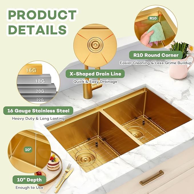 LQS Brushed Gold Kitchen Sink 32 Inch, 16 Guage Stainless Steel Undermount Gold Double Kitchen Sink with Smart Workstation, Luxury Golden Accessories for Modern Kitchen Style