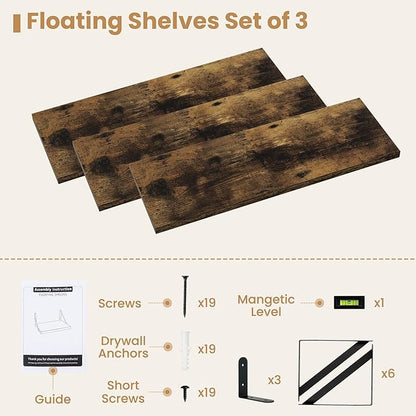 Heimlove Floating Book Shelves for Wall,23.6 Inches Wall Bookshelf Mounted Display&Storage Wood Shelves for Kitchen Bathroom Laundry Living Room,Set of 3,Rustic Brown