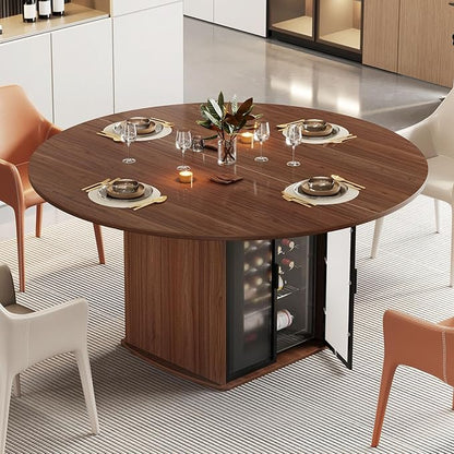 IBF Round Dining Table with Storage for 4 to 6, 47" Circle Kitchen Table with Fridge Space, Wood Dining Room Tables with Adjustable Shelf, Circular Dinner Tables for Home Kitchen, Walnut (Only Table)