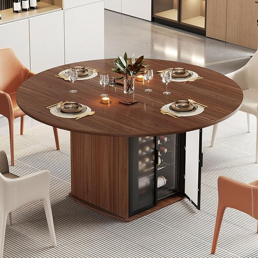 IBF Round Dining Table with Storage for 4 to 6, 47" Circle Kitchen Table with Fridge Space, Wood Dining Room Tables with Adjustable Shelf, Circular Dinner Tables for Home Kitchen, Walnut (Only Table)