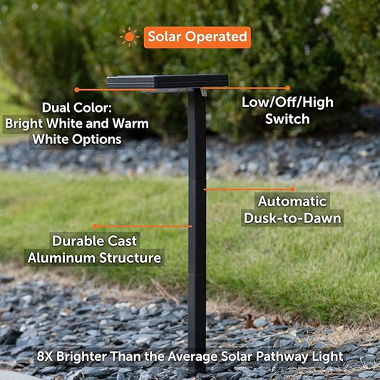Gama Sonic Contemporary Black Square Solar Garden Light, Heavy Duty Cast Aluminum 80 Lumen with Bright White and Warm White LED Options, 26.75 in Tall for Sidewalk, Pathway, 2-Pack 117iP290080