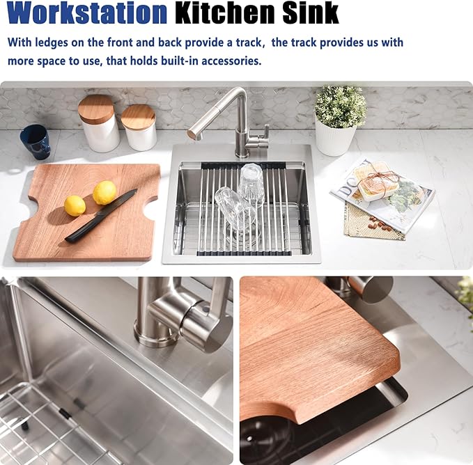 18x18 Drop In Kitchen Sink and Faucet Combo Set - 18 Inch Stainless Steel Small Bar Sink Drop In, 9 Inch Deep Small Single Bowl Kitchen Sinks Workstation with Accessories
