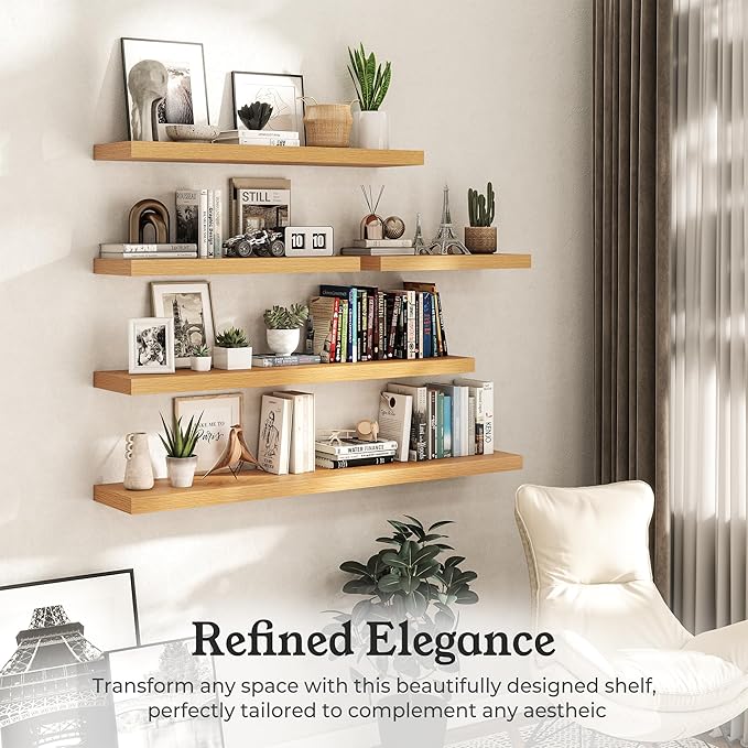 Floating Shelves for Wall, 9.3" Deep Wall Mounted Wood Shelves for Bathroom, Bedroom, Living Room, Kitchen, Hanging Shelf for Books/Storage/Room Decor (Oak, 30")