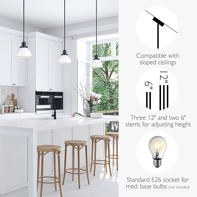 Design House Savannah Rustic Farmhouse Pendant Light, Dimmable, Matte Black, White Metal Shade, 8 in x 8 in x 57.63 in, 588327