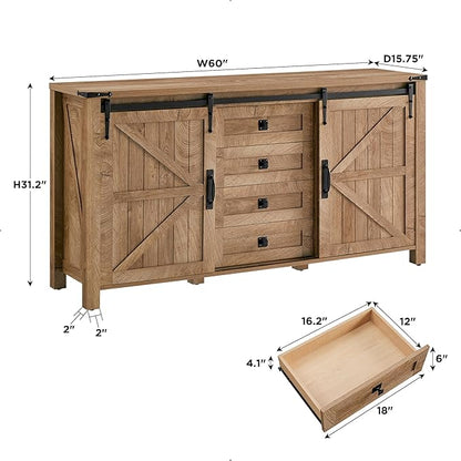 T4TREAM Farmhouse Sideboard Buffet Cabinet with Storage, 60" Large Kitchen Cabinet w/Sliding Barn Doors and 4 Drawers, 31.2'' Tall Wood Coffee Bar Table for Dining Room, Light Tree Knot