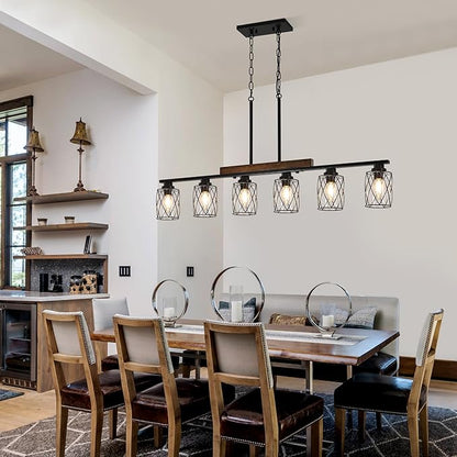 6-Light Dining Room Light Fixture/Chandelier Over Table, Island Lighting Hanging for Farmhouse Linear Chandeliers Matte Black Rustic Wood Ceiling Pendant Light Fixtures, with Clear Glass Shade