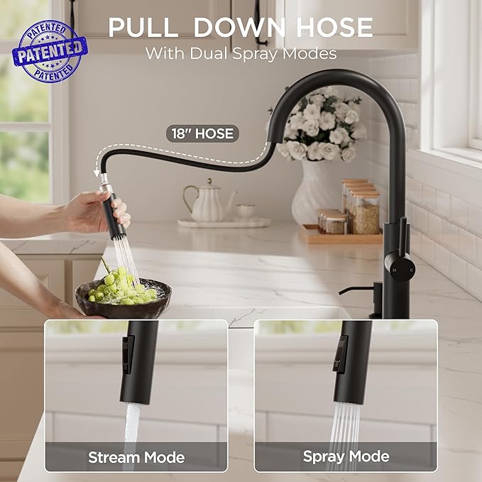 FORIOUS Kitchen Faucet with Soap Dispenser, Modern Matte Black, Single Handle High Arc Stainless Steel Kitchen Sink Faucet with Pull Down Sprayer, 1 or 3 Hole Deck Mount for RV, Laundry, Outdoor
