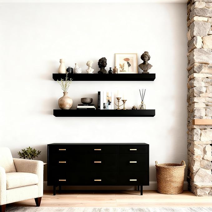 Floating Shelves for Wall(Set of 2)-36 Inch Black Wood Wall Shelf with Invisible Brackets for Bathroom,Bedroom,Drawingroom,Kitchen for Decor(Black,2pcs)