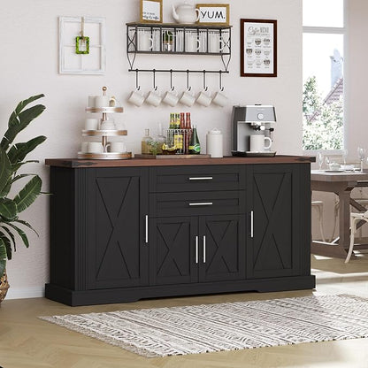 Buffet Cabinet with Storage, 63" Large Sideboard Storage Cabinet with Drawer, 4 Doors and Shelves, Modern Farmhouse Coffee Bar Table Kitchen Island Credenza for Kitchen, Dining, Living Room (Black)