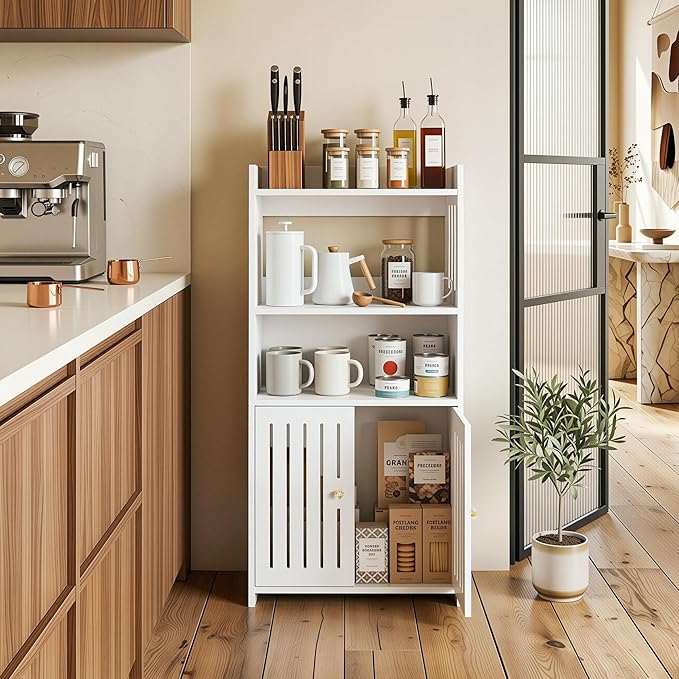 HAYOFAMY Bathroom Storage Cabinet, 4-Tier White Floor Cabinet Freestanding Organizer with Door for Living Room Kitchen Small Space (8.7" D x 14.2" W x 29.5" H)