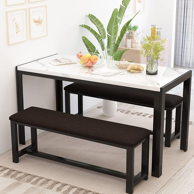 Recaceik Dining Table Set for 4, Kitchen Table and Chairs for 4, Faux Marble Dining Room Table with 2 Benches, Space Saving Dining Table and Upholstered PU Leather Bench for Small Spaces, White*