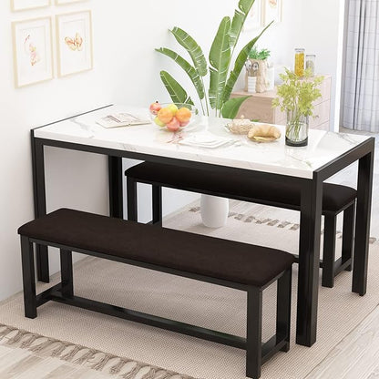 Recaceik Dining Table Set for 4, Kitchen Table and Chairs for 4, Faux Marble Dining Room Table with 2 Benches, Space Saving Dining Table and Upholstered PU Leather Bench for Small Spaces, White*