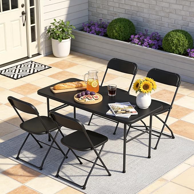 4ft Folding Table, Heavy Duty Plastic Card Table with Foldable Steel Legs, Metal Frame Support up to 400 lb, Portable for Indoor, Outdoor, Picnic, Camping, Dining, Party, Black