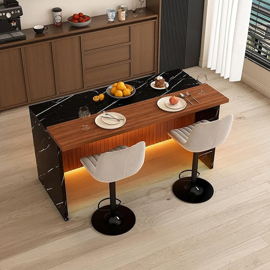 63" Modern Kitchen Island with Marble-Look Surface with 2/4 Bar Stools, Island Table with LED Lights, for Kitchen,Dining Room, Bar, Office, Living Room (Black+2Grey)