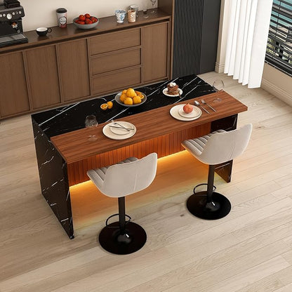 63" Modern Extendable Dining Table, Work Island with Led Lighting, Kitchen Island Table with Stools for Dining Room, Black+Gray