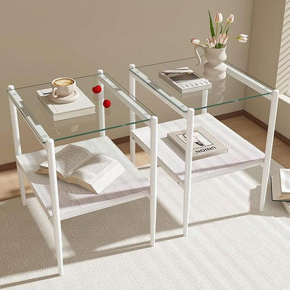 Set of 2 Glass End Table, 2-Layer Glass Living Room Table, Modern Tea Table Side Tables for Home Office Furniture