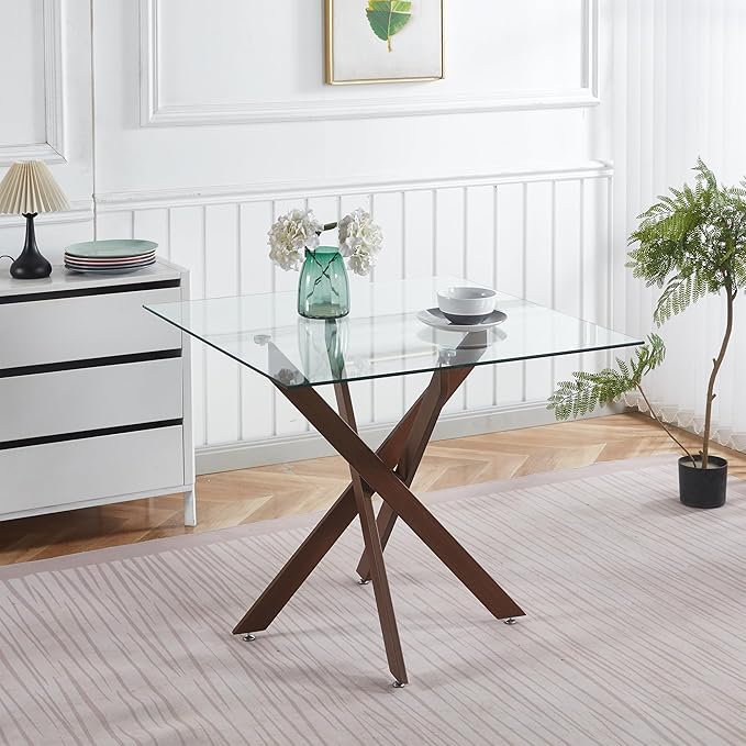 Square Glass Dining Table 35.4'' Inch Modern Square Kitchen Table with Metal Legs Durable Stylish Dinner Table for Dining Room Kitchen