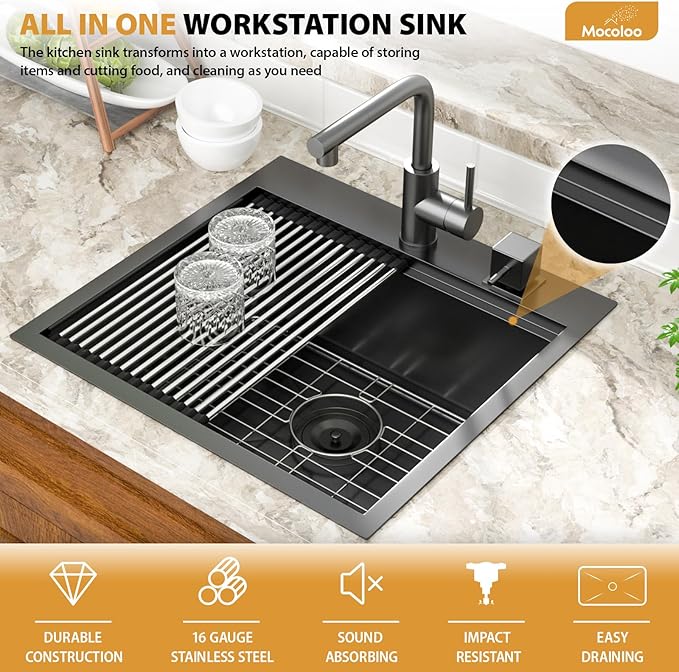 Mocoloo 21 Inch Drop in Bar Sink with Faucet, 21x20 Black Topmount Kitchen Sink - Stainless Steel Single Bowl Workstation with Pull-Out Faucet