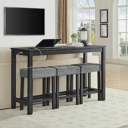 59" Bar Table Set with Power Outlet - 4 Piece Dining Table and 3 Upholstered Stools, Counter Height Pub Table with Charging Station, Fordining Room, Kitchen Island Table with Seating Pub Table Set