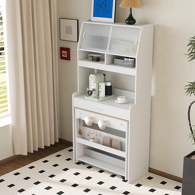 Compact Buffet with Hutch and Foldable Dining Table, Multifunctional Cupboard with Storage Shelf and Side Hooks, 2-in-1 Buffet for Small Places, Studio, Apartment (Natural-9c)