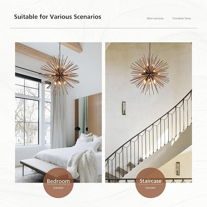 37.4" Farmhouse Sputnik Chandelier for Dining Room Rustic Handmade Natural Wood 18-Light Hanging Ceiling Pendant Light Fixture Starburst Wood Chandeliers for Kitchen Bedroom Foyer Hallway