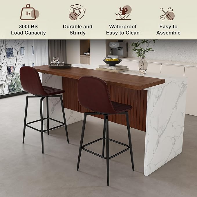 63 inch Kitchen Island Set with 2 Dark Brown Bar Stools White Marble Look, LED Lighting Grill for Dining Room, Open Concept Spaces, Lounge(2 Dark Brown Bar Stools)