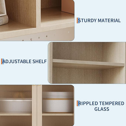 71" Kitchen Pantry Cabinet with Double Glass Doors and Pegboard, Wooden Cabinet with Open Shelves and Countertop,Kitchen Hutch with Storage for Dining Room or Living Room, Natural