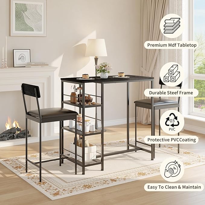 3-Piece Modern Dining Set, Dining Table Set with 2 Upholstered Bar Stools,Bar Table Set w/ Metal Frame&Built-in Wine Rack for Kitchen Dining Room Apartment Breakfast Nook 36"Lx 16.7"W x 37.2"H Black
