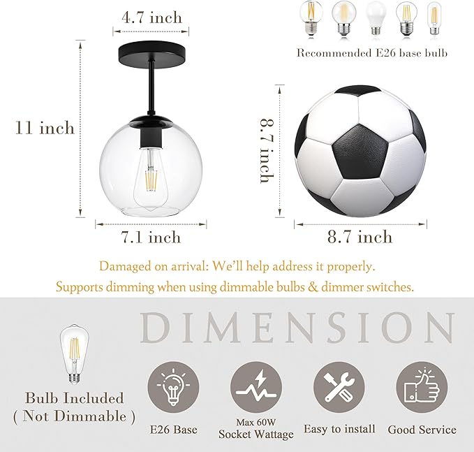 Bagood Black Semi Flush Mount Ceiling Light Fixture with Clear Glass Light Fixture Mid Century Light Fixtures Black Semi Flush Ceiling Light Fixtures for Dining Room Kitchen (Bulb Included)