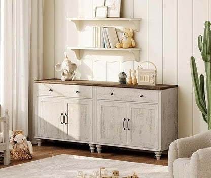 WAMAPT Modern Buffet Cabinet with 4 Doors and 2 Drawers, Large Coffee Bar Table Wood Kitchen Storage Cabinets, Farmhouse Sideboard Credenza for Dining Room, Rustic White