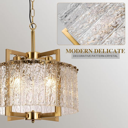 16" Gold Chandelier Light Fixture,Brass Pendant Modern Crystal Chandelier,Water Ripple Glass, Adjustable Height, Elegant Round Hanging Lighting for Kitchen Island Entryway Foyer Dining Room