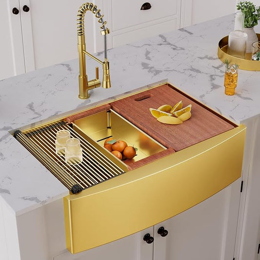 HEARCATE 33 Inch Luxury Gold Farmhouse Sink 16 Gauge Stainless Steel Workstation Undermount Apron Front Gold Kitchen Sink 10 Inch Deep Single Bowl Farm Sink