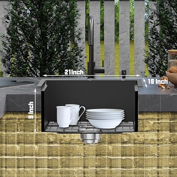 Black Stainless Steel Drop In Single Bowl Sink, 21"x18" With Dust Lid, Built-in Ledge Topmount Workstation Sink for Outdoor & Indoor Kitchens