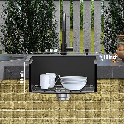Black Stainless Steel Drop In Single Bowl Sink, 21"x18" With Dust Lid, Built-in Ledge Topmount Workstation Sink for Outdoor & Indoor Kitchens