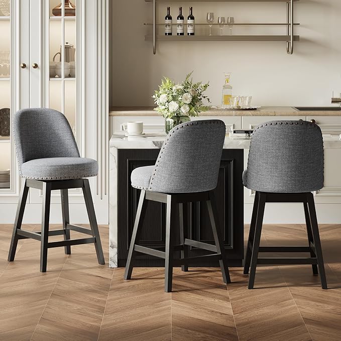 MALOL Swivel Bar Stools Set of 3, Upholstered Fabric Mid Century Mondern Barstools, 26 inch Counter Height Bar Chairs with Solid Back and Wood Legs, for Kitchen Island，Dark Grey