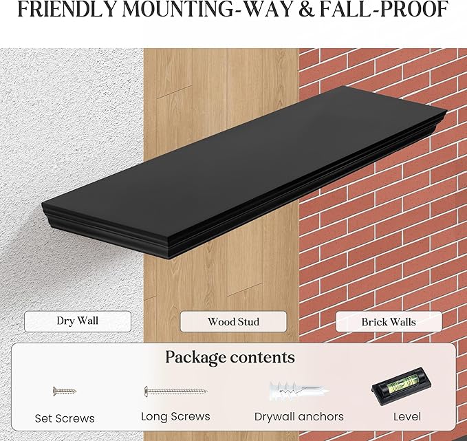Fun Memories Floating Shelves 36 Inch Long, 9.3 Inch Deep Classic Crown Molding Floating Shelves for Wall, Rustic Wooden Shelves for Wall Decor Bathroom, Kitchen, Office, (Black, 2Pack)